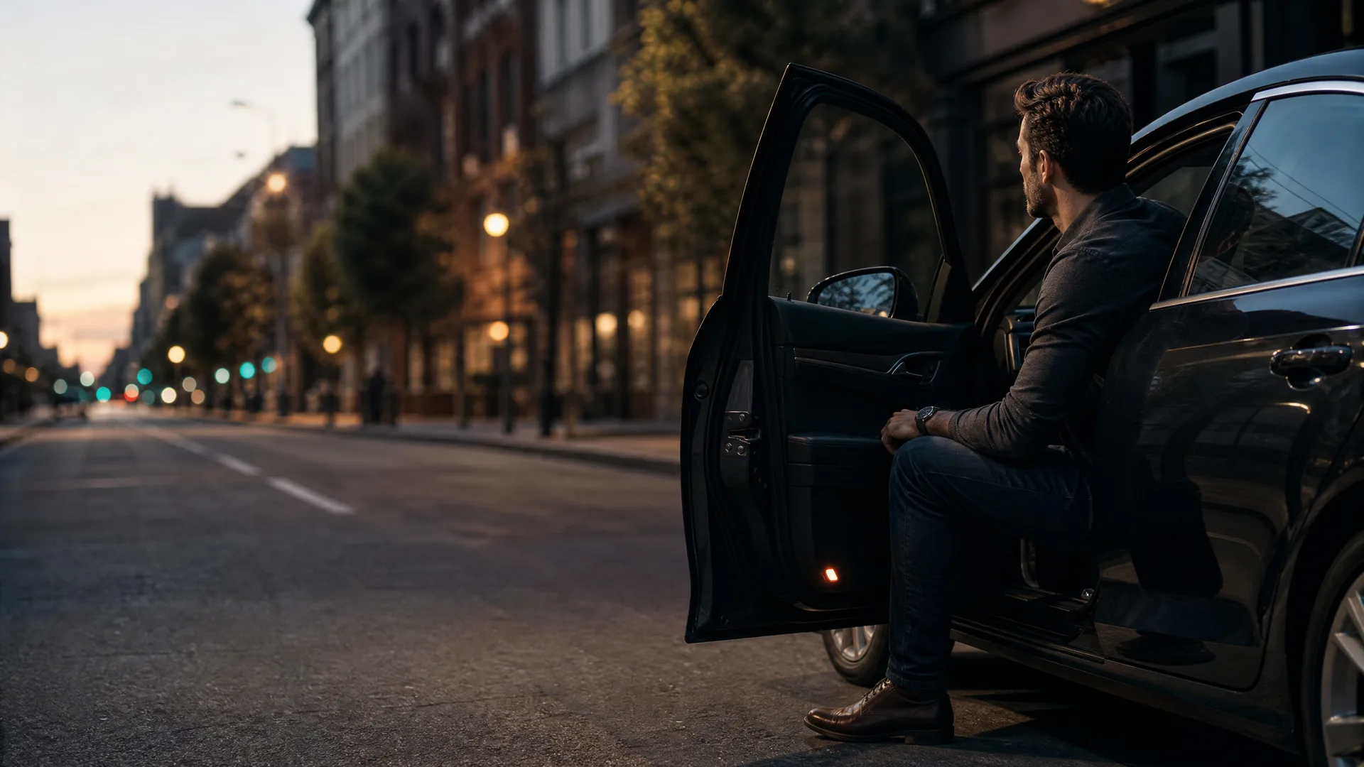A man in a dark jacket and jeans sits in the open rear doorway of a black car parked on an empty city street at dusk, with lit streetlamps and buildings behind.