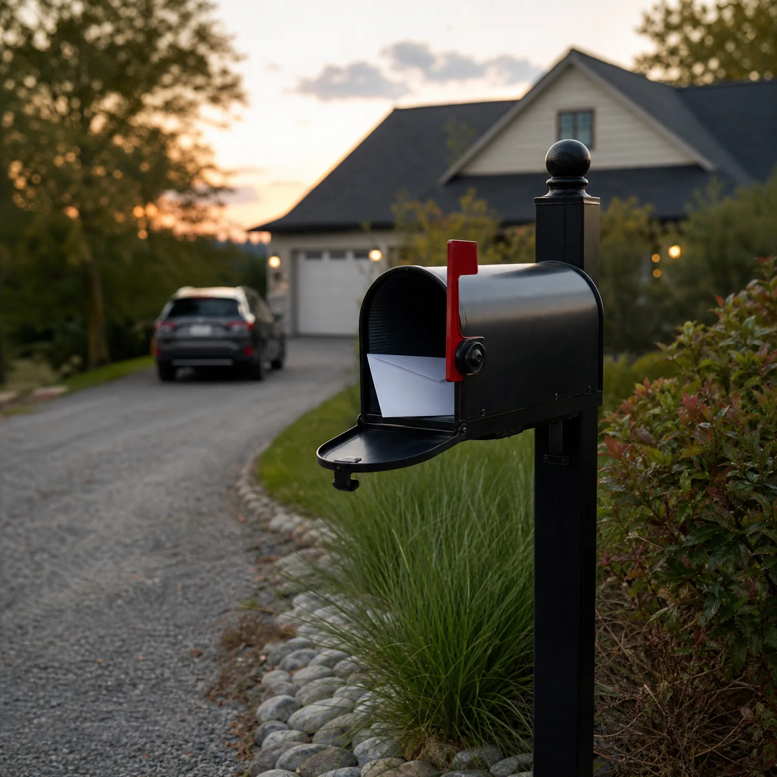 An open black mailbox with a raised red flag and a white envelope inside, mounted on a post beside a gravel driveway, with a parked SUV and a house with a garage blurred in the background at dusk.